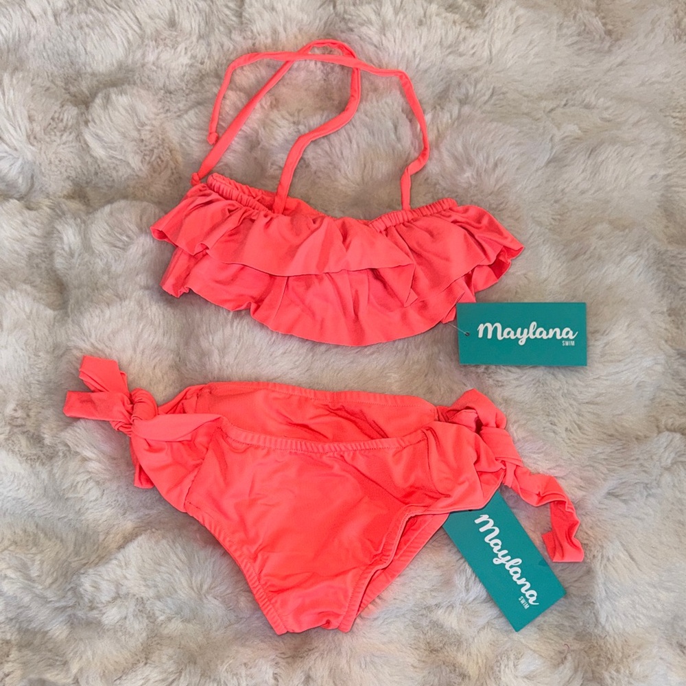 Kids Ruffled Coral Bikini Set - Picture 1 of 4